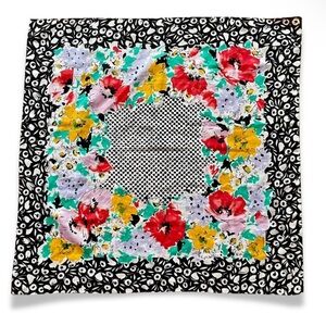 Vintage 1960’s Avon Square Scarf Made In Italy Floral Black White Red Yellow